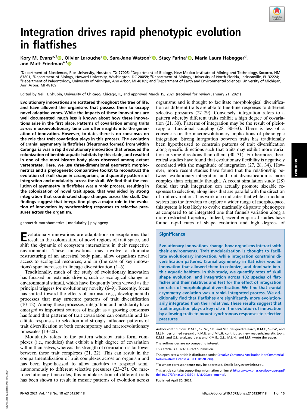 Integration Drives Rapid Phenotypic Evolution in Flatfishes