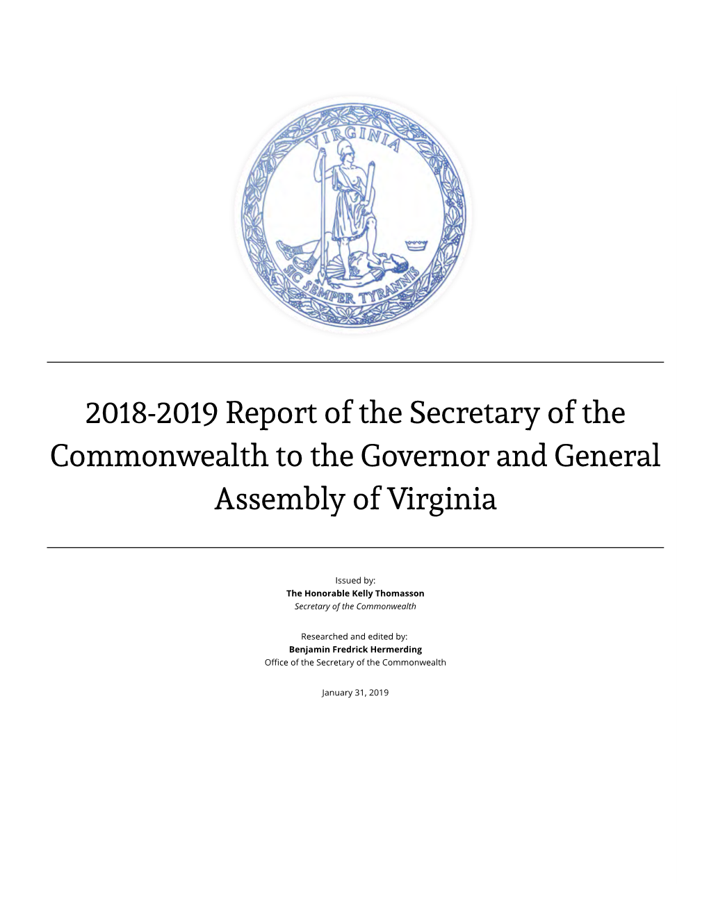 2018-2019 Report of the Secretary of the Commonwealth to the Governor and General Assembly of Virginia