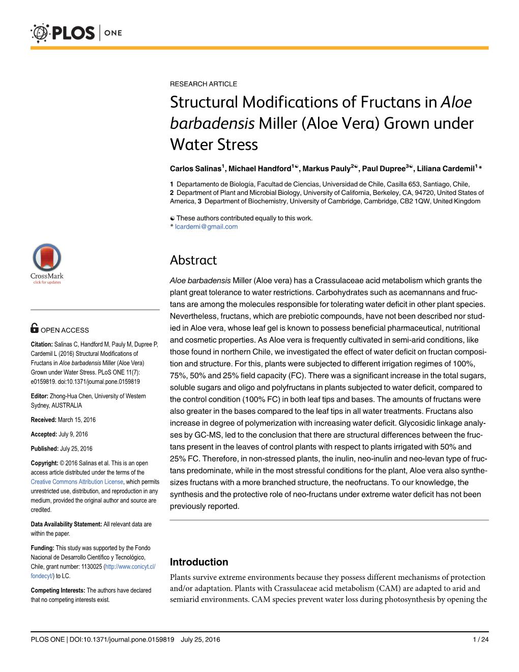 Structural Modifications of Fructans in Aloe Barbadensis Miller (Aloe Vera) Grown Under Water Stress