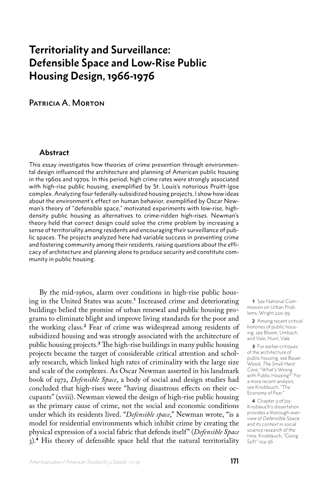 Territoriality and Surveillance: Defensible Space and Low-Rise Public Housing Design, 1966-1976