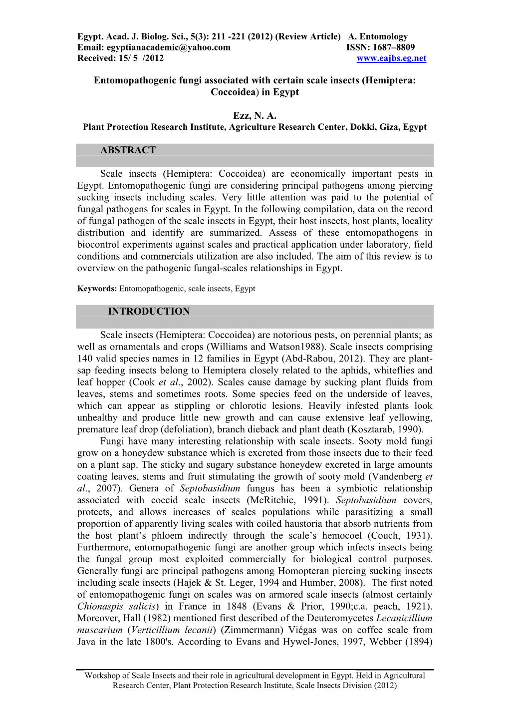 Entomopathogenic Fungi Associated with Certain Scale Insects (Hemiptera: Coccoidea) in Egypt