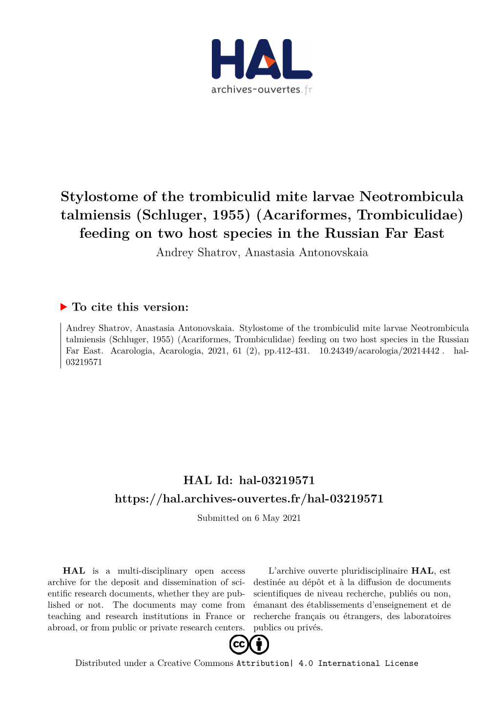 Stylostome of the Trombiculid Mite Larvae Neotrombicula Talmiensis