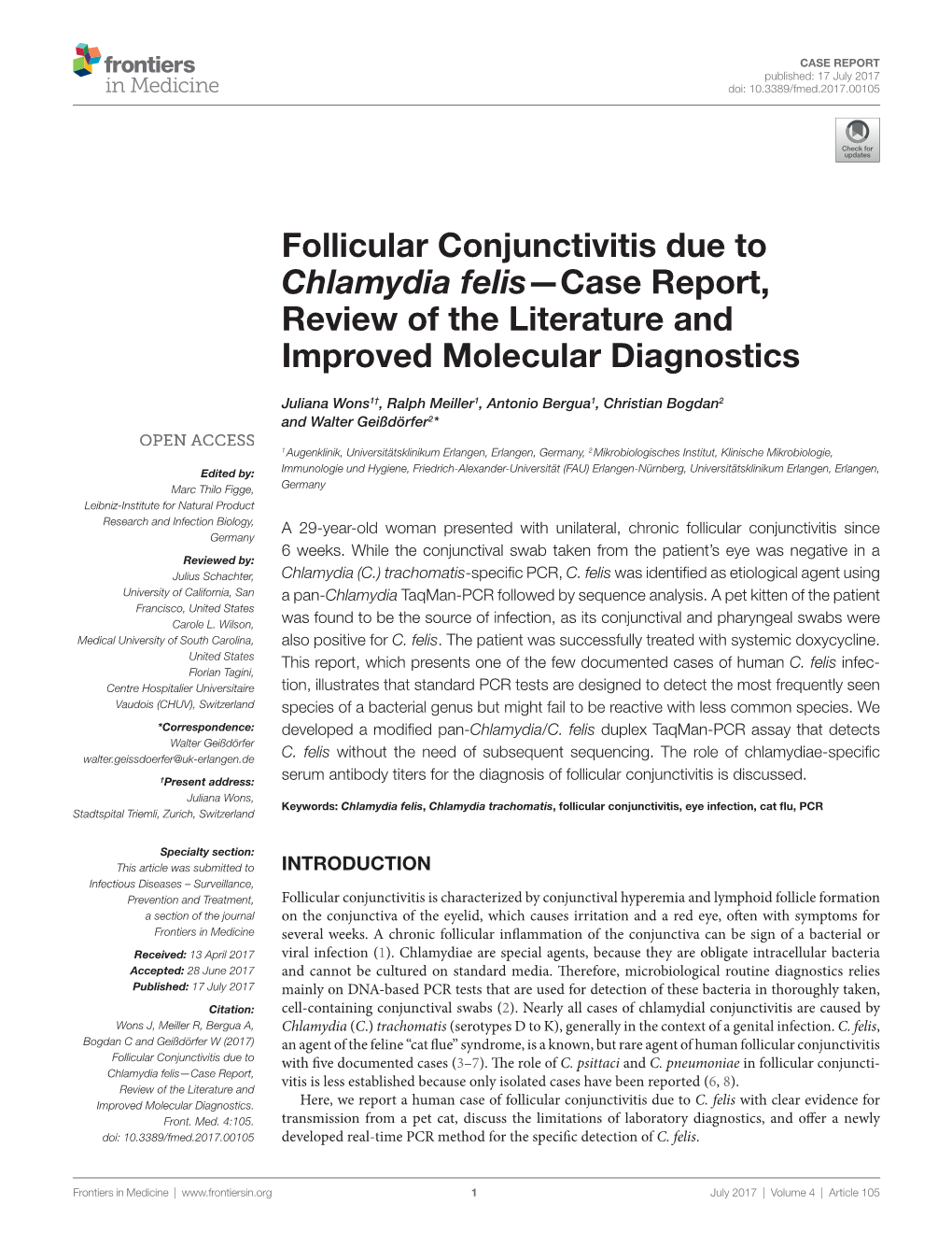 Follicular Conjunctivitis Due to Chlamydia Felis—Case Report, Review of the Literature and Improved Molecular Diagnostics