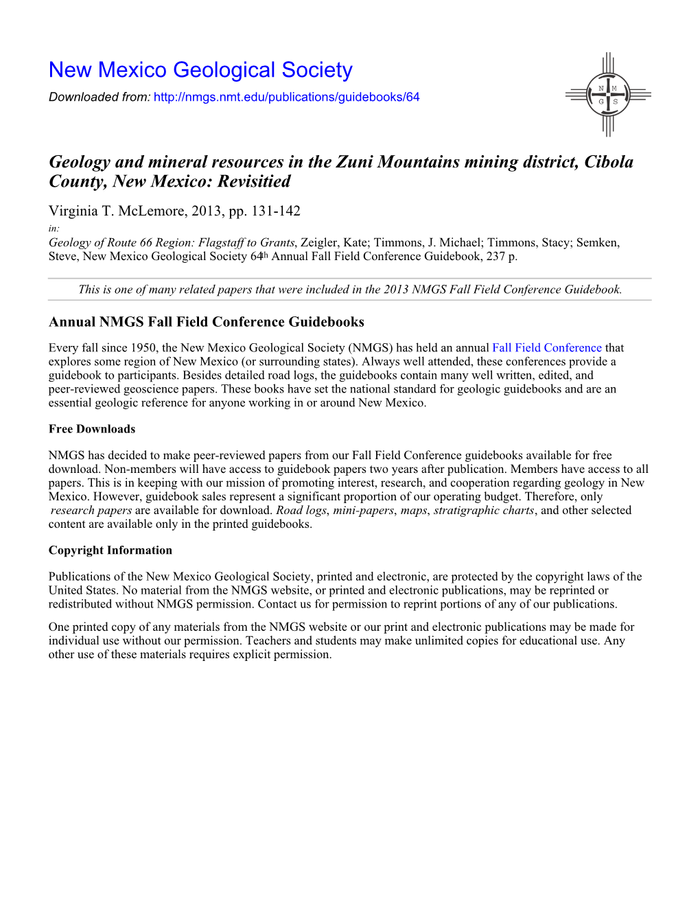 Geology and Mineral Resources in the Zuni Mountains Mining District, Cibola County, New Mexico: Revisitied Virginia T