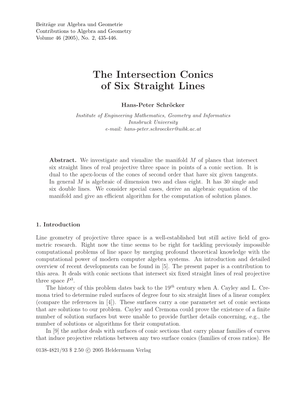 The Intersection Conics of Six Straight Lines