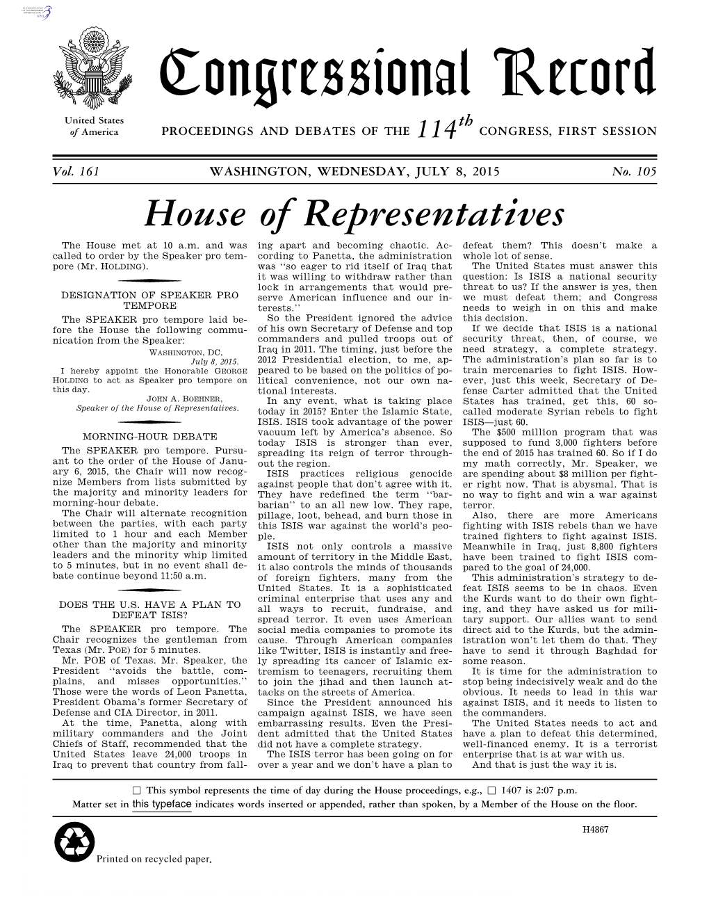 Congressional Record United States Th of America PROCEEDINGS and DEBATES of the 114 CONGRESS, FIRST SESSION