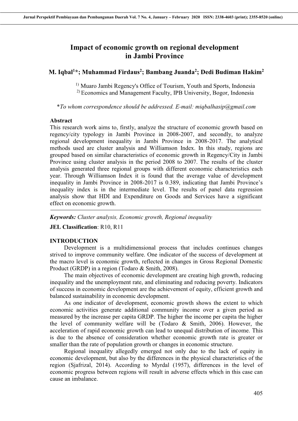 Impact of Economic Growth on Regional Development in Jambi Province