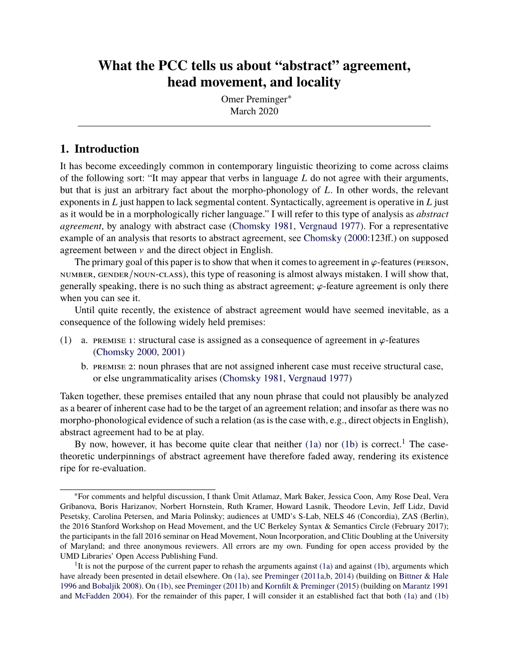 Agreement, Head Movement, and Locality Omer Preminger∗ March 2020