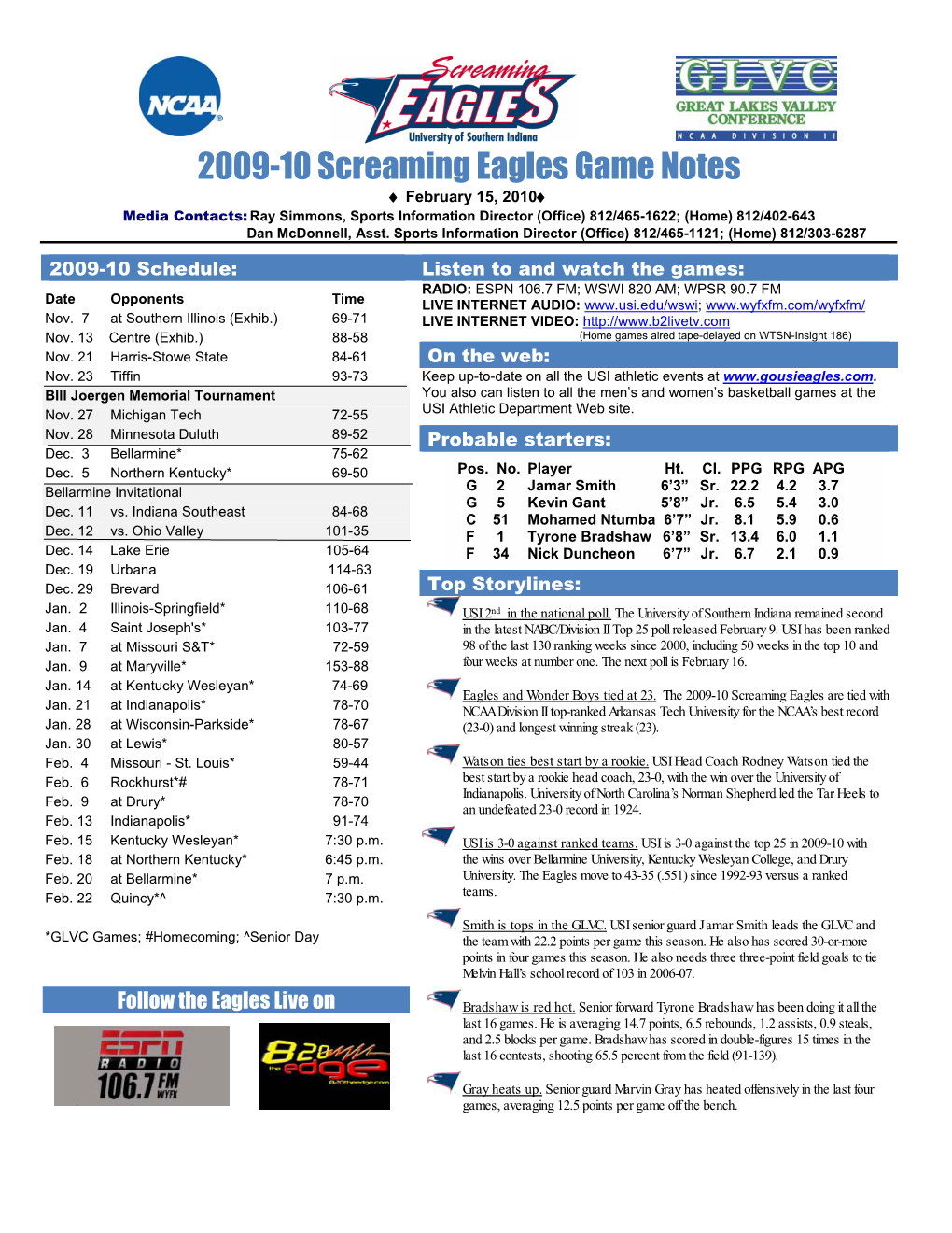 2009-10 Screaming Eagles Game Notes