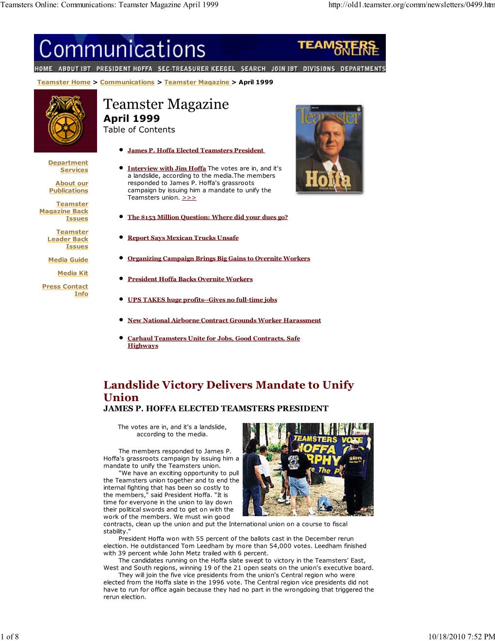 Teamsters Online: Communications: Teamster Magazine April 1999