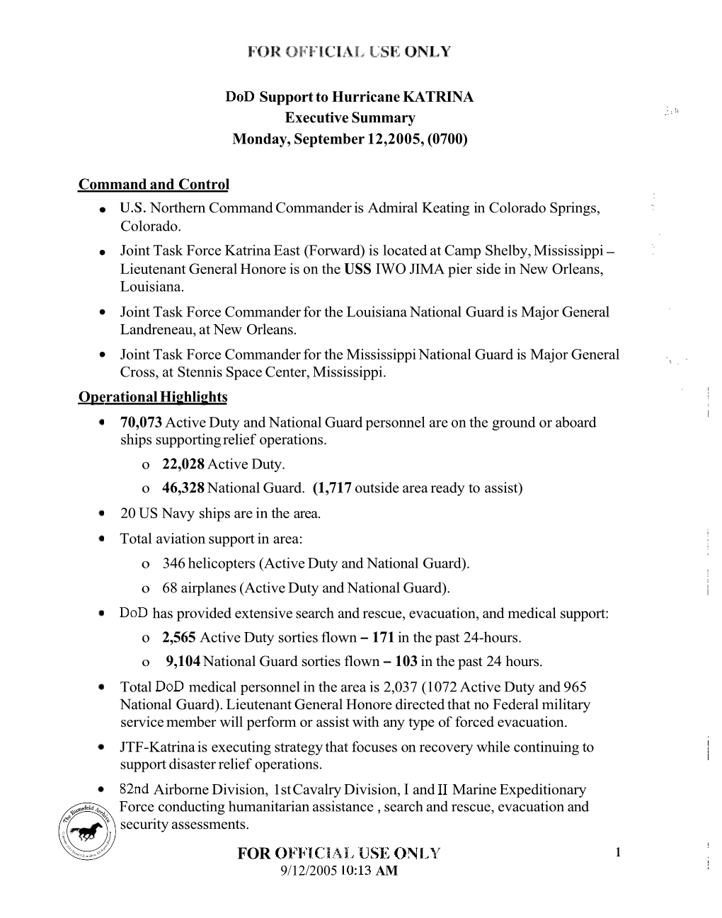 Executive Summary Monday, September 12,2005, (0700)