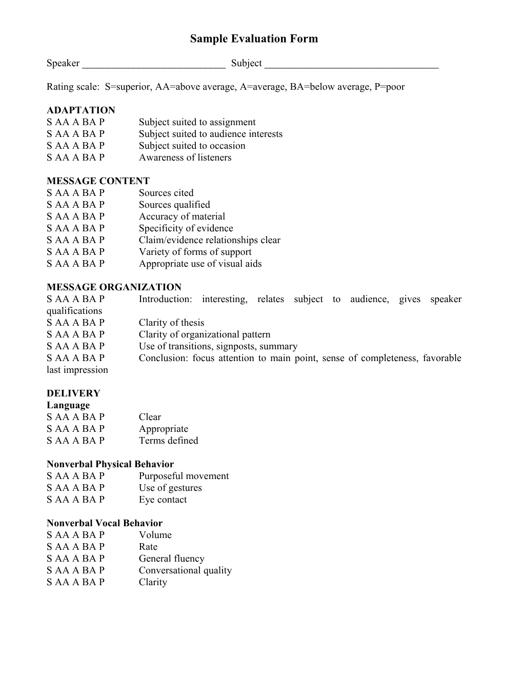 Sample Evaluation Form