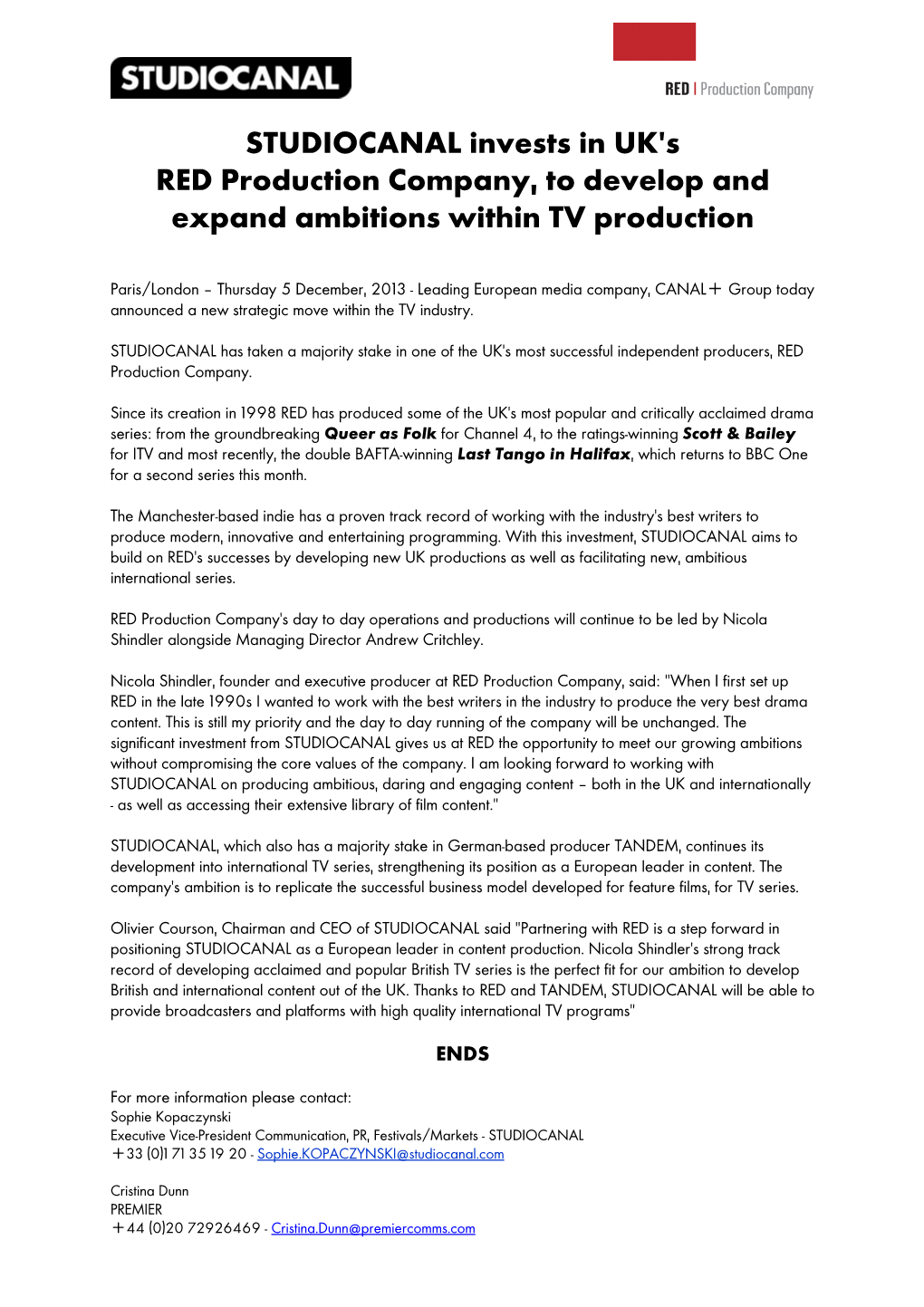 Press Release STUDIOCANAL