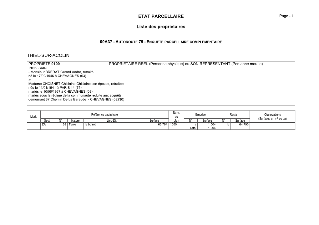 ETAT PARCELLAIRE Liste Des Propriétaires THIEL-SUR-ACOLIN