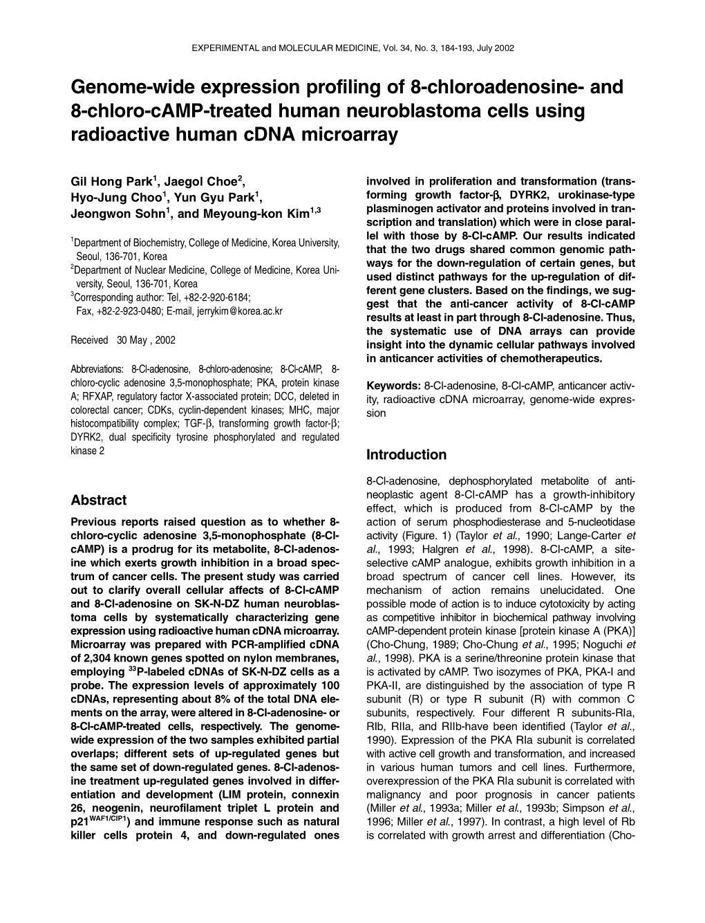 Genome-Wide Expression Profiling of 8-Chloroadenosine- and 8-Chloro-Camp-Treated Human Neuroblastoma Cells Using Radioactive Human Cdna Microarray