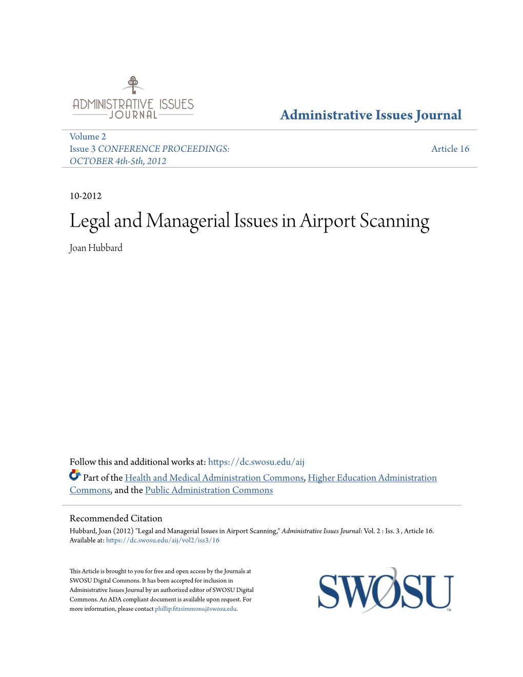 Legal and Managerial Issues in Airport Scanning Joan Hubbard