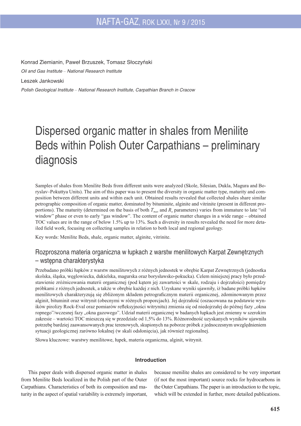 Dispersed Organic Matter in Shales from Menilite Beds Within Polish Outer Carpathians – Preliminary Diagnosis