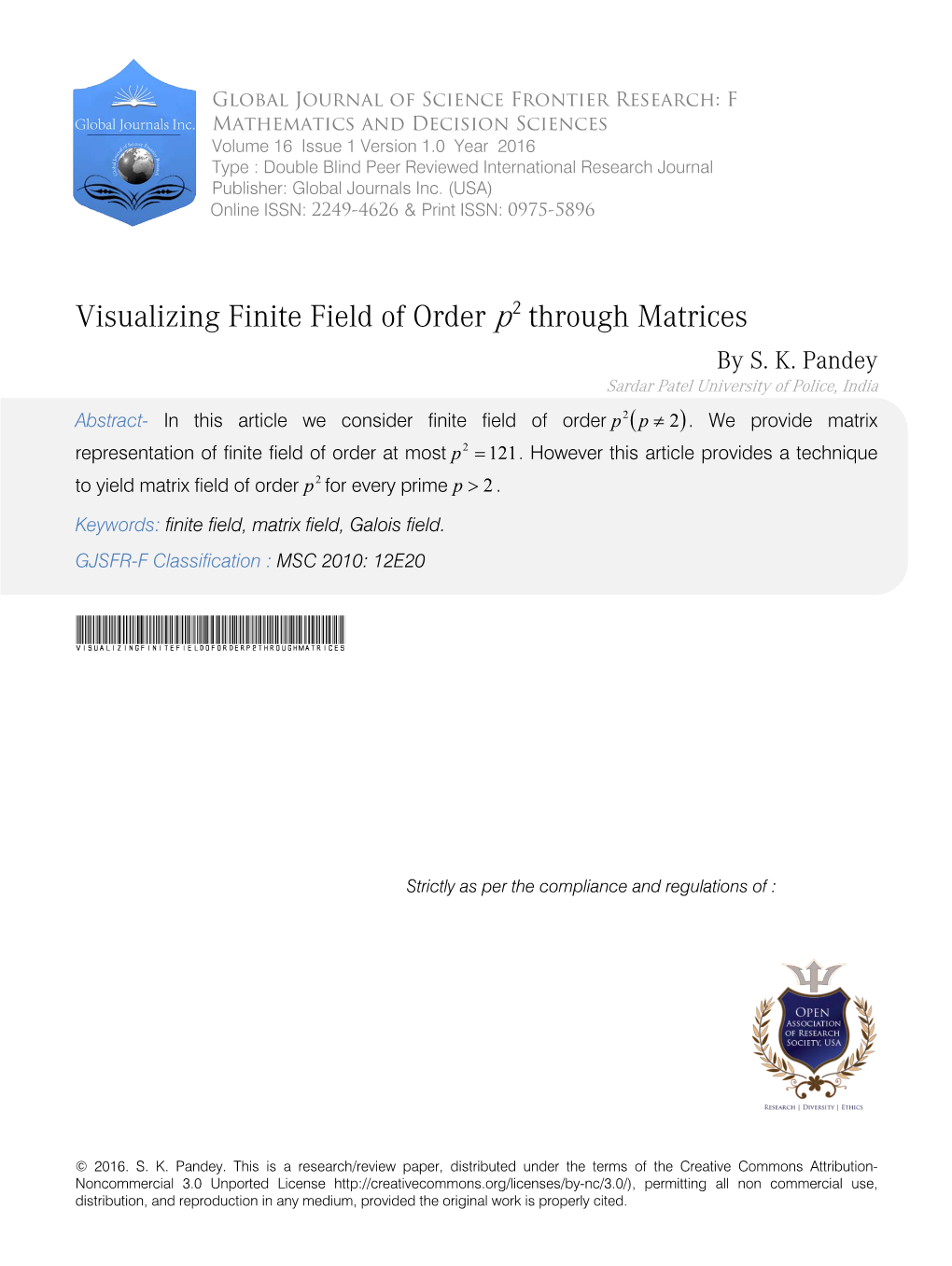 Visualizing Finite Field of Order P 2 Through Matrices