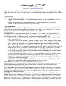 Anglican Liturgics - WYP2118HF Fall Term, 2014 Dean Mercer - Deanmercer@Hotmail.Com