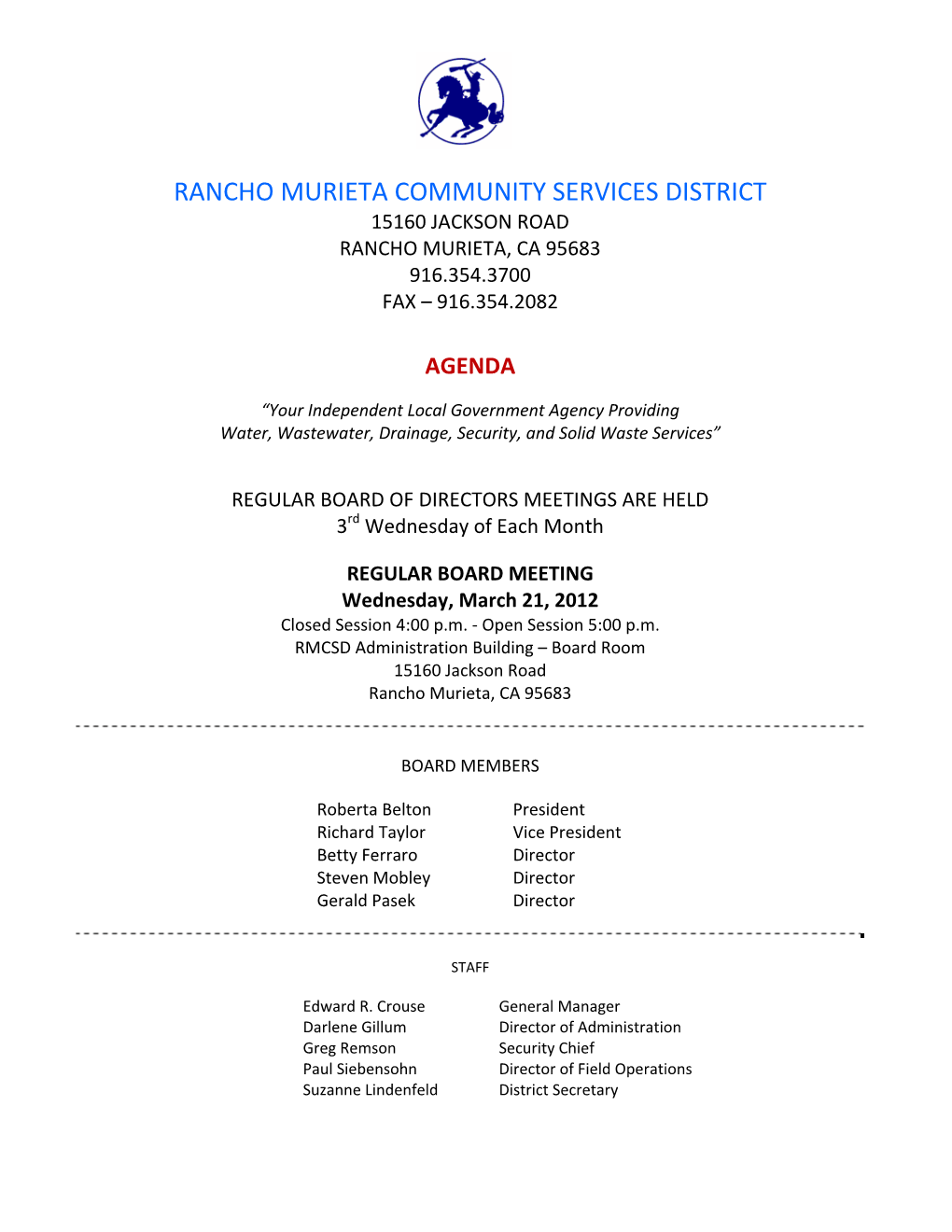 Rancho Murieta Community Services District Raw Water Supply