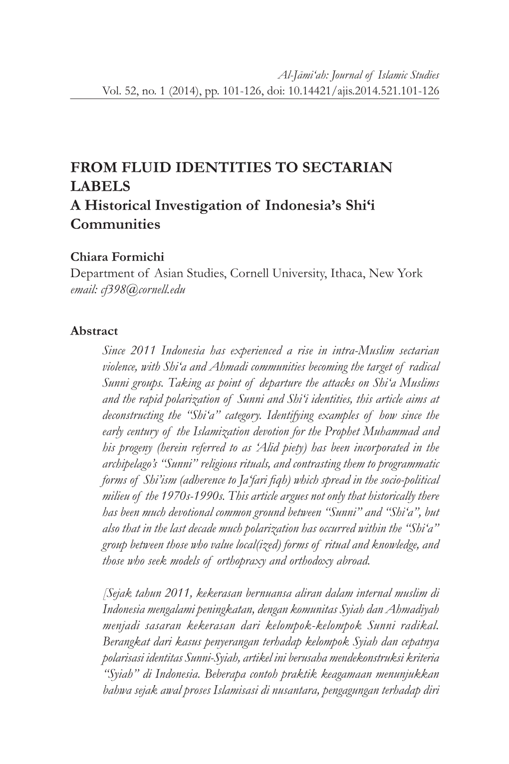 FROM FLUID IDENTITIES to SECTARIAN LABELS a Historical Investigation of Indonesia’S Shi‘I Communities