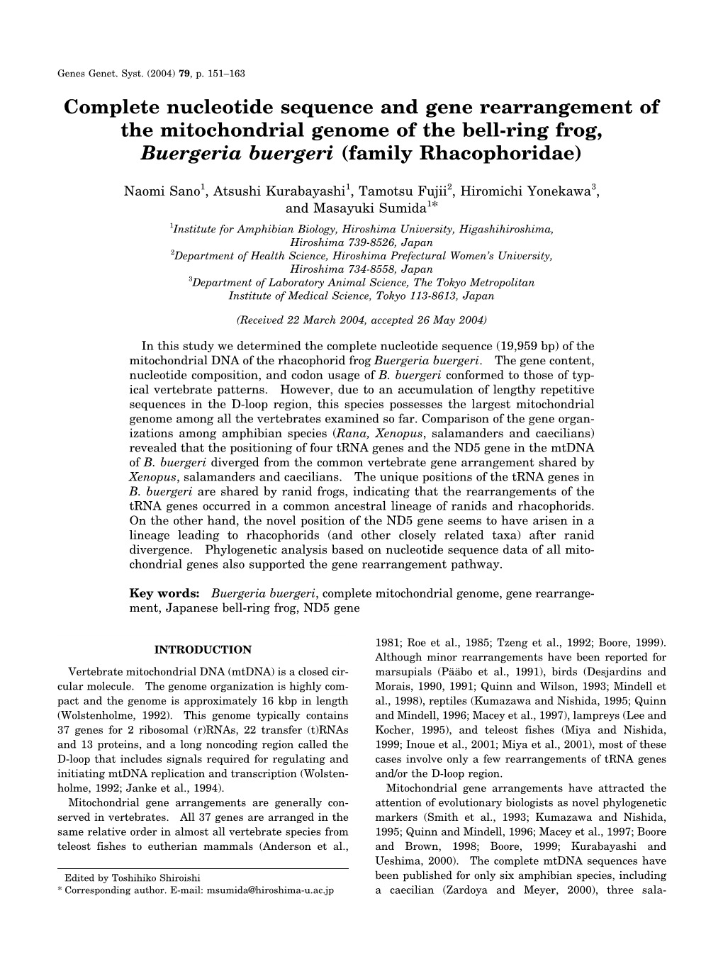 Complete Nucleotide Sequence and Gene Rearrangement of the Mitochondrial Genome of the Bell-Ring Frog, Buergeria Buergeri (Family Rhacophoridae)