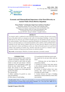 Economic and Ethnomedicinal Importance of the Floral Diversity on Ancient Walls of Kota District, Rajasthan