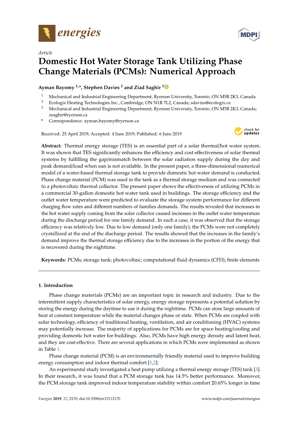 Domestic Hot Water Storage Tank Utilizing Phase Change Materials (Pcms): Numerical Approach