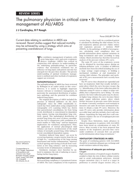 Ventilatory Management of ALI/ARDS J J Cordingley, B F Keogh