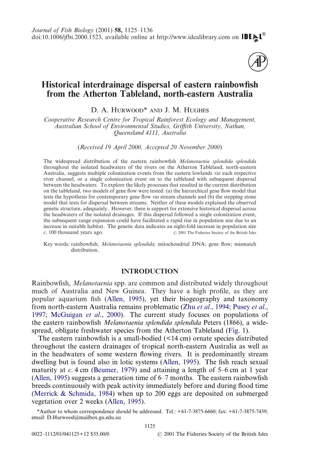 Hurwood (2001) Historical Interdrainage Dispersal of Eastern Rainbowfish from the Atherton Tableland, North-Eastern Australia
