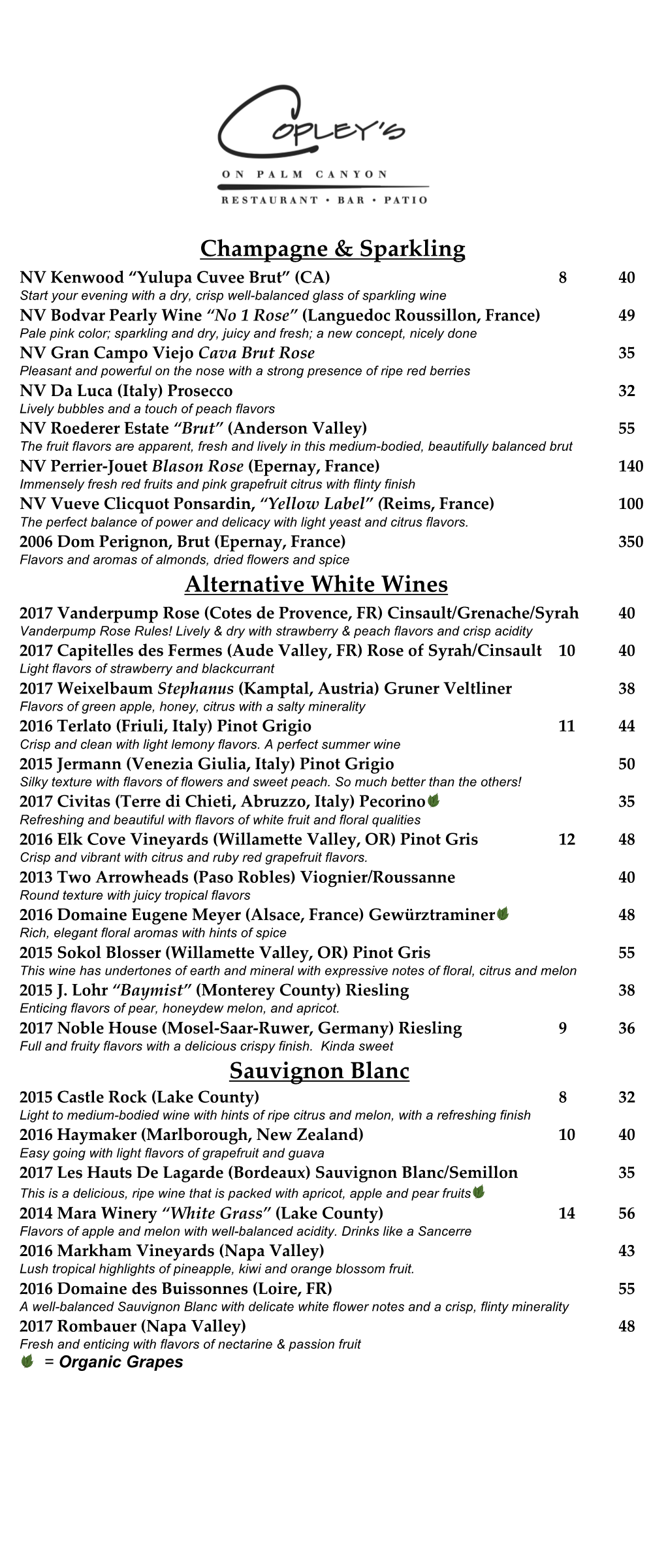 Champagne & Sparkling Alternative White Wines Sauvignon Blanc