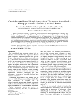 Chemical Composition and Biological Properties of Chrysopogon Zizanioides (L.) Roberty Syn. Vetiveria Zizanioides (L.) Nash- a Review
