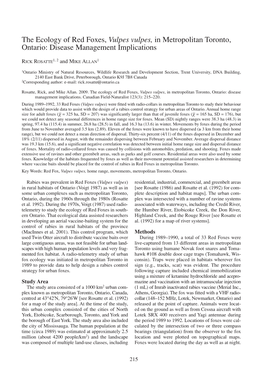 The Ecology of Red Foxes, Vulpes Vulpes, in Metropolitan Toronto, Ontario: Disease Management Implications