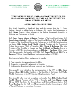 Communique of the 17Th Extra-Ordinary Session of the Igad Assembly of Heads of State and Government on Sudan, Somalia and Kenya