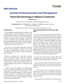 Journal of Pharmaceutics and Therapeutics Plant-Derived Drugs in Malaria Treatment Hempelmann E*