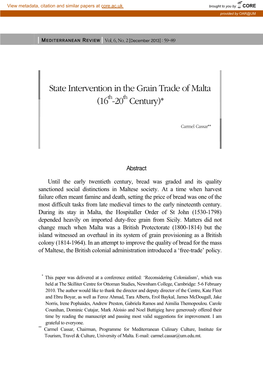 State Intervention in the Grain Trade of Malta (16 -20 Century)*