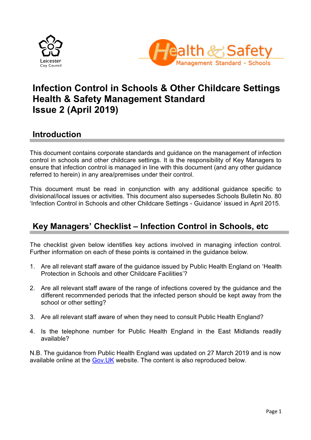 Infection Control in Schools & Other Childcare Settings Health & Safety