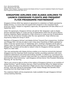 Singapore Airlines and Alaska Airlines to Launch Codeshare Flights and Frequent Flyer Programme Partnership (NE-1517)