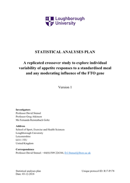 STATISTICAL ANALYSES PLAN a Replicated Crossover Study to Explore Individual Variability of Appetite Responses to a Standardised