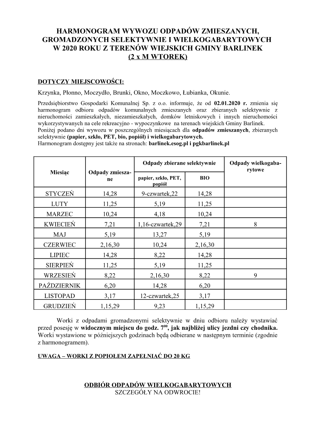 HARMONOGRAM WYWOZU ODPADÓW ZMIESZANYCH, GROMADZONYCH SELEKTYWNIE I WIELKOGABARYTOWYCH W 2020 ROKU Z TERENÓW WIEJSKICH GMINY BARLINEK (2 X M WTOREK)