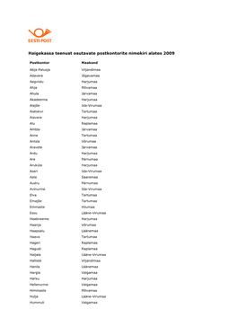 Haigekassa Teenust Osutavate Postkontorite Nimekiri Alates 2009