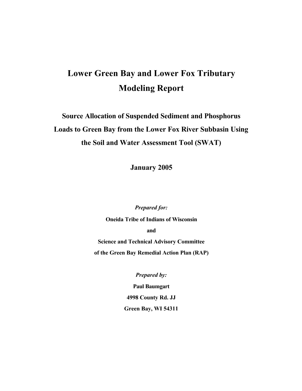 Lower Green Bay and Lower Fox Tributary Modeling Report