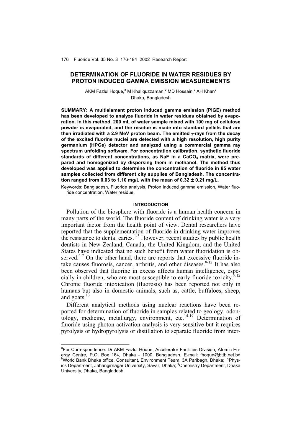 Determination of Fluoride in Water Residues by Proton Induced Gamma Emission Measurements