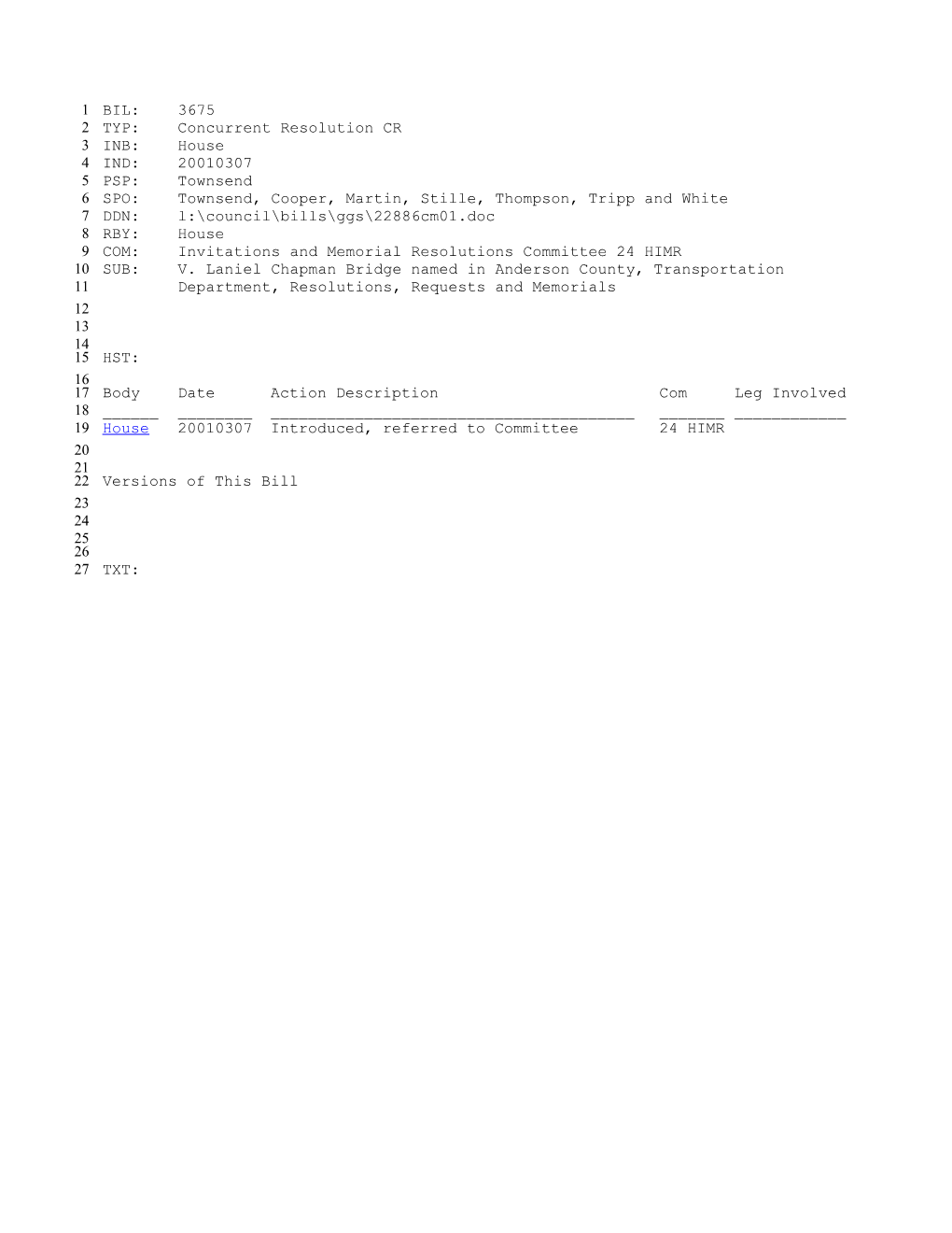 2001-2002 Bill 3675: V. Laniel Chapman Bridge Named in Anderson County, Transportation