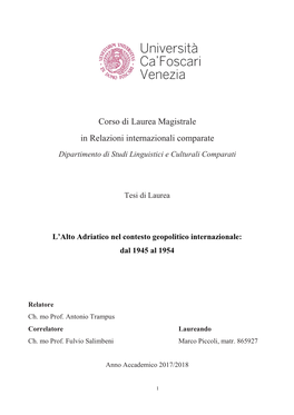 Corso Di Laurea Magistrale in Relazioni Internazionali Comparate Dipartimento Di Studi Linguistici E Culturali Comparati