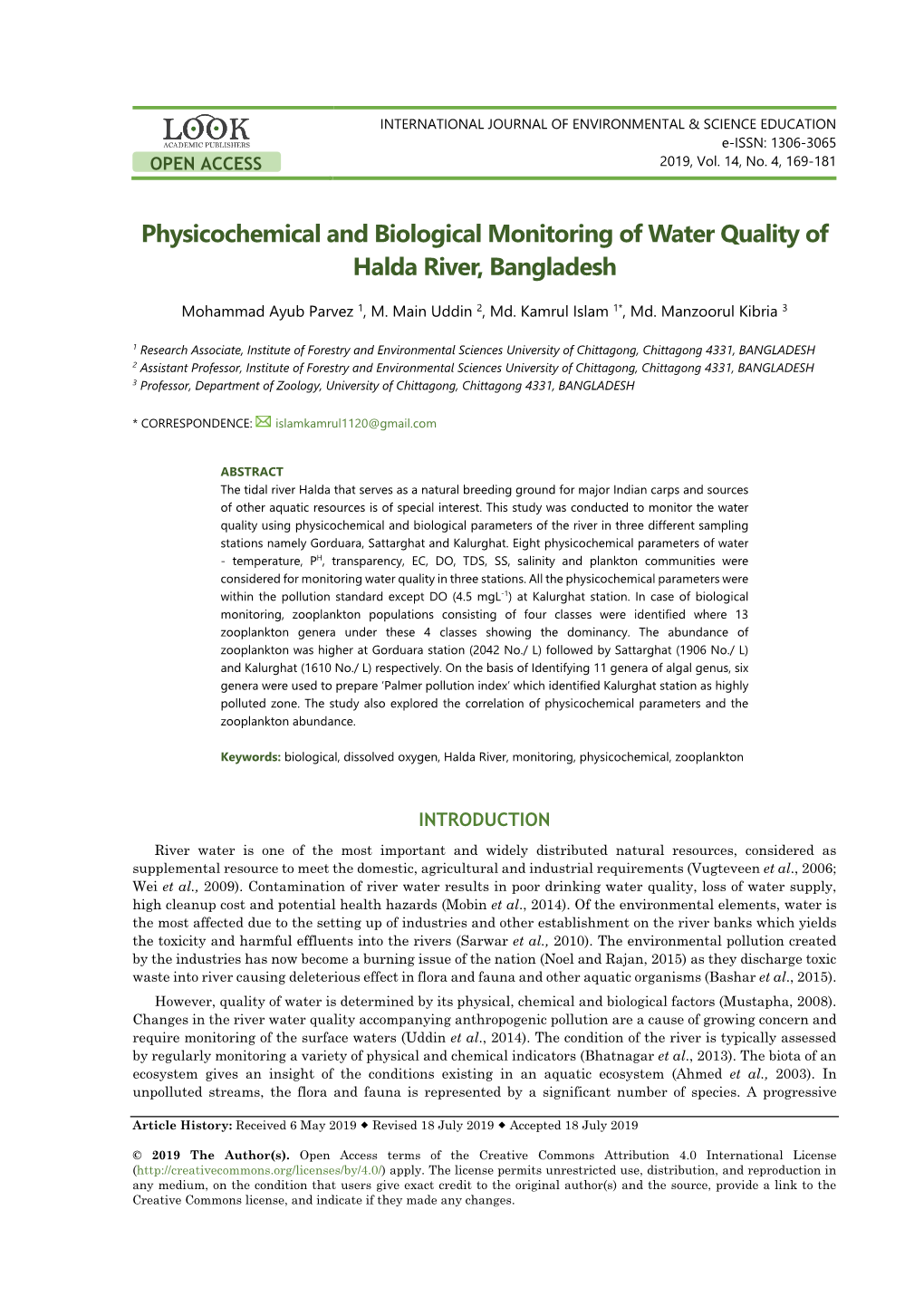 Physicochemical and Biological Monitoring of Water Quality of Halda River, Bangladesh