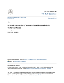 Digenetic Trematodes of Marine Fishes of Ensenada, Baja California, Mexico