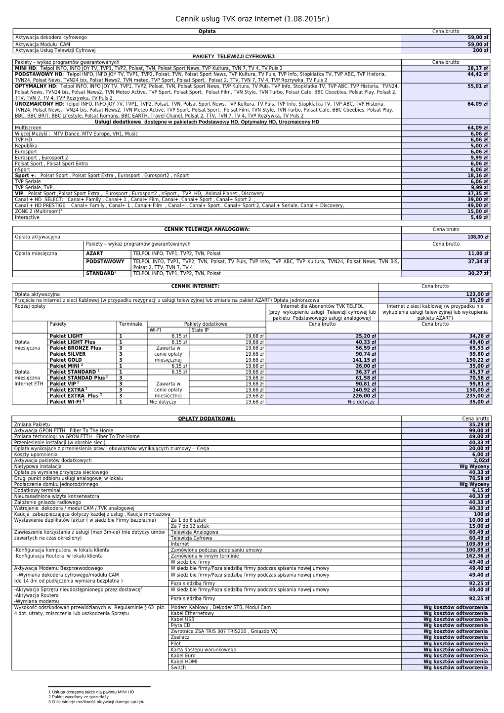 Cennik Usług TVK Oraz Internet (1.08.2015R.)