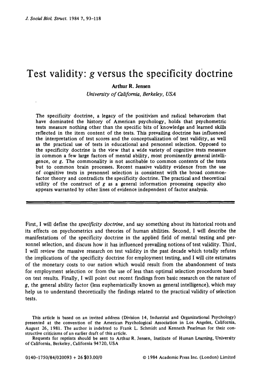 Test Validity: G Versus the Specificity Doctrine