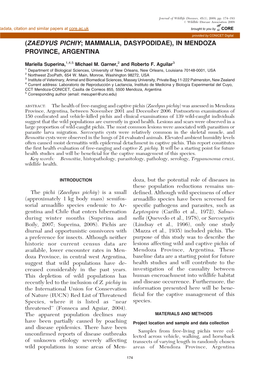 Health Evaluation of Free-Ranging and Captive Pichis (Zaedyus Pichiy; Mammalia, Dasypodidae), in Mendoza Province, Argentina